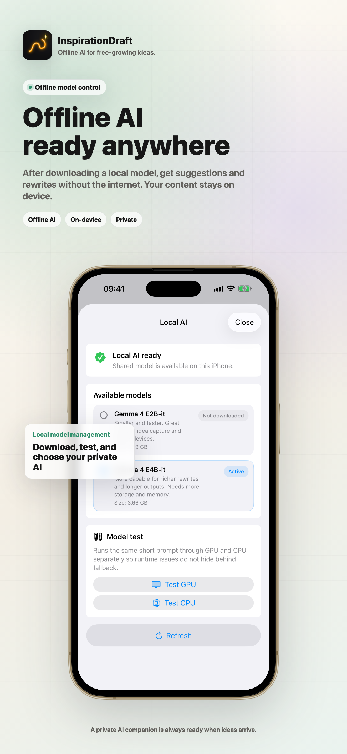 InspirationDraft private local AI screenshot